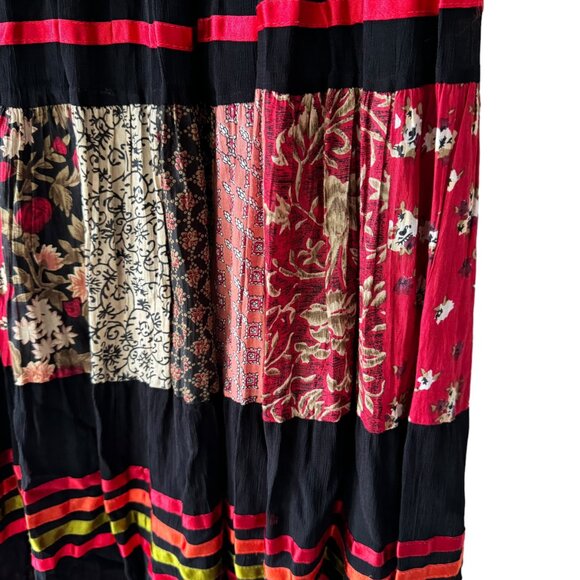 Sacred Threads Patchwork Ribbon Maxi Skirt One Size Elastic Waist Tie Lined Boho - Picture 11 of 16